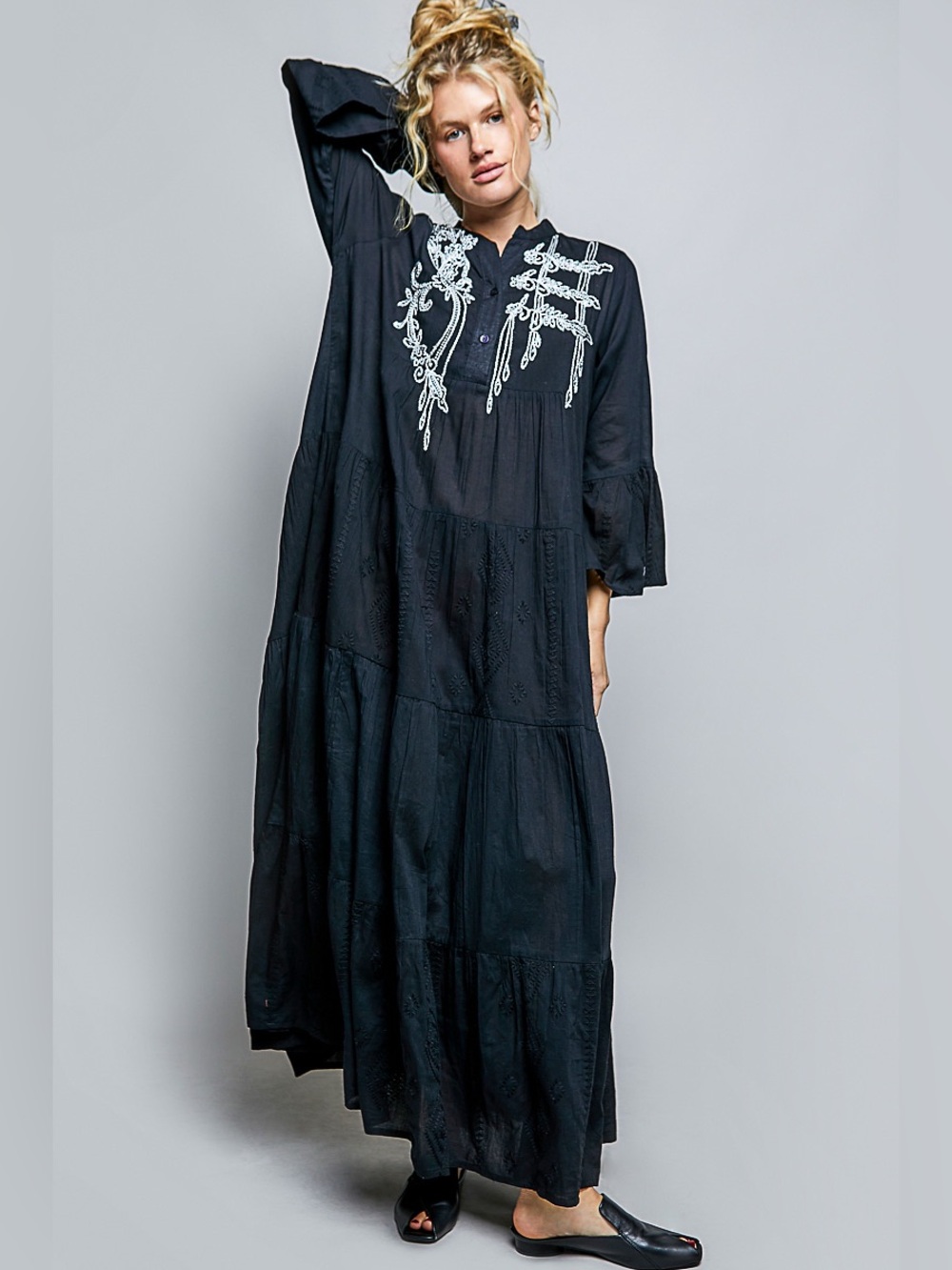 #217 New! POL Cotton Sequined Embroidered Tiered Maxi Dress